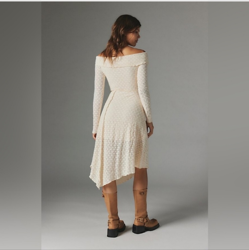 UO Silence + Noise Cream Lace Off The Shoulder Asymmetric Boho Dress